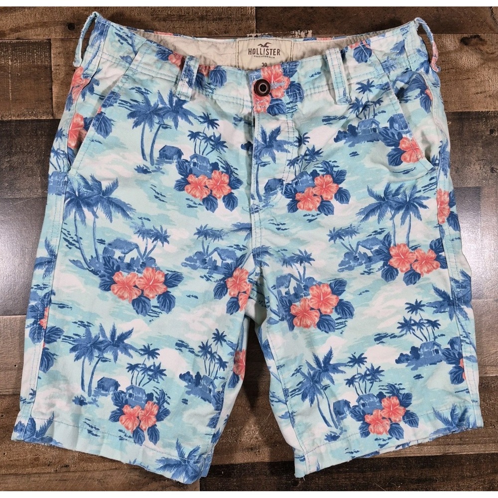 Hollister Hawaiian Cargo Shorts Mens 30 Blue Floral Y2K Button Fly